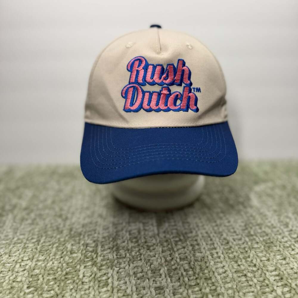 Dutch Bros Rush Dutch Embroidered Snapback Hat Beige and Blue